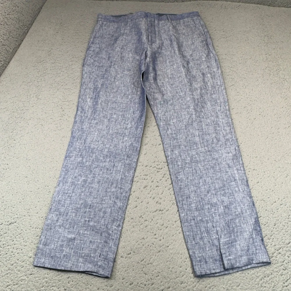 J.Crew Thompson Dress Pants Mens 33x30 Blue White 100% Linen Flat Front Trousers